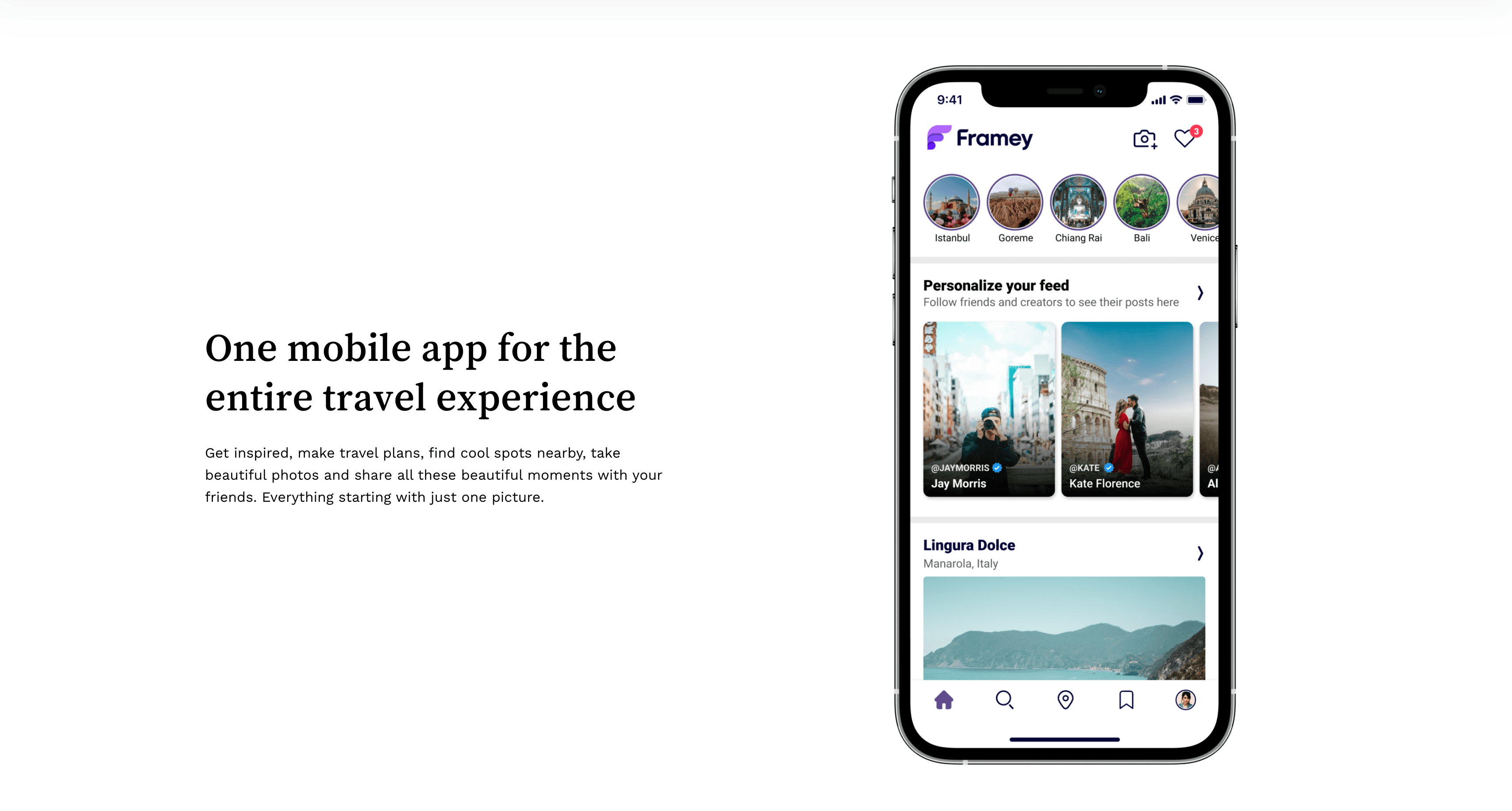 Framey Travel App - Home screen și descoperire destinații